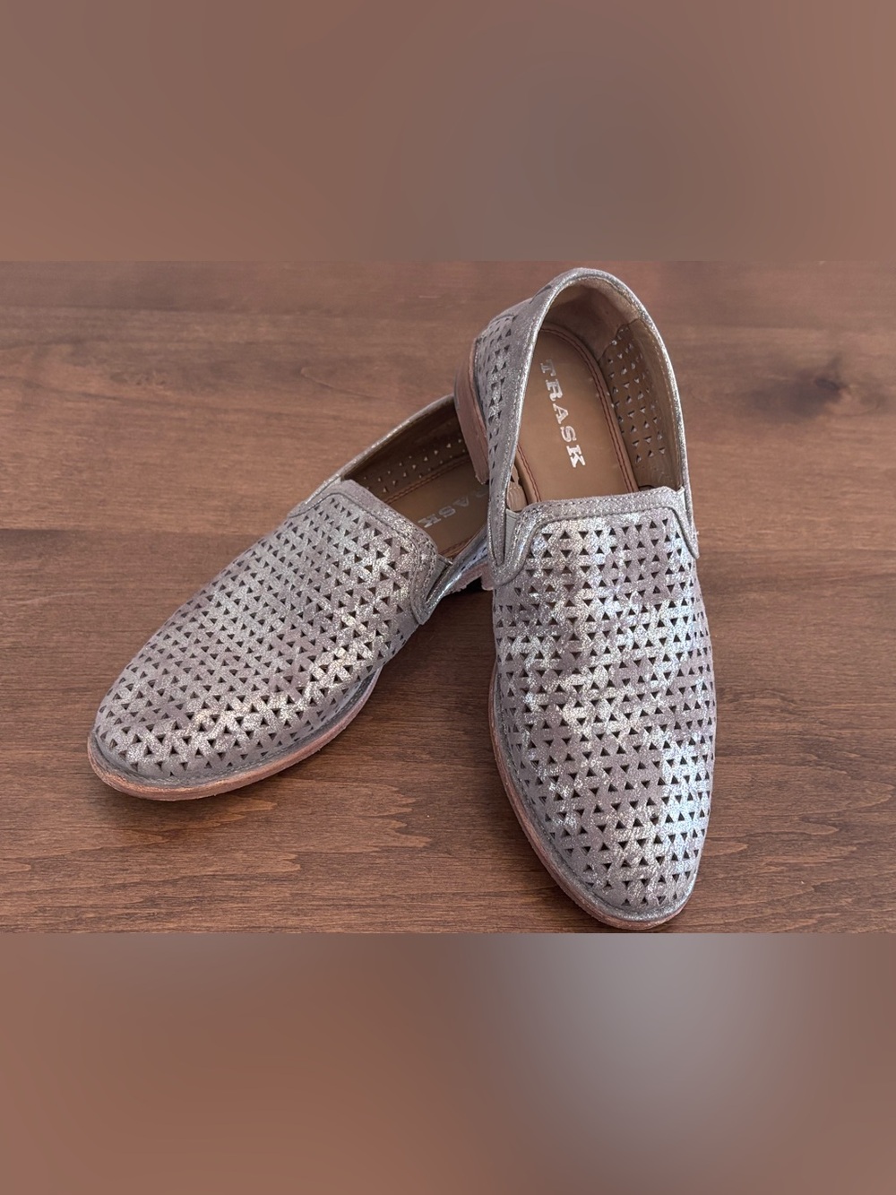 Trask Ali Perforated Loafer, Metallic Peter/Silver. Women’s 7, No box. Shoe only